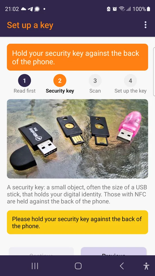 Setting up a key: hold it against the back of the phone.