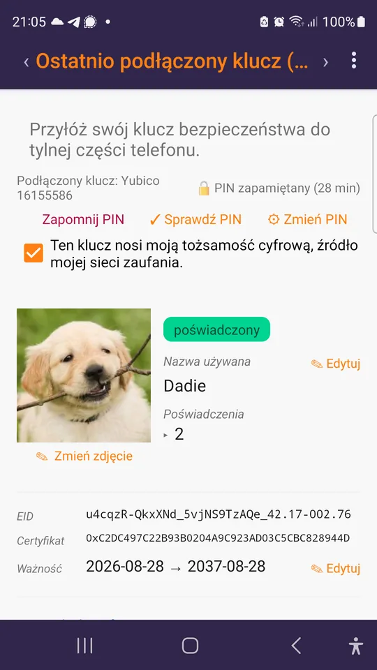 Karta podłączonego klucza, odczytana z samego klucza.
